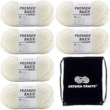 Premier Yarns Basix Chunky Cream 1145-02 6-Skeins - Same Dye Lot Chunky Bulky #5 Acrylic Yarn for Crocheting and Knitting with Project Bag