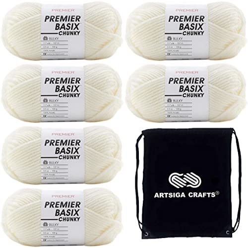 Premier Yarns Basix Chunky Cream 1145-02 (6-Skeins - Same Dye Lot) Chunky Bulky #5 Acrylic Yarn for Crocheting and Knitting with Project Bag by Premier Yarns - Used condition - US$22.09