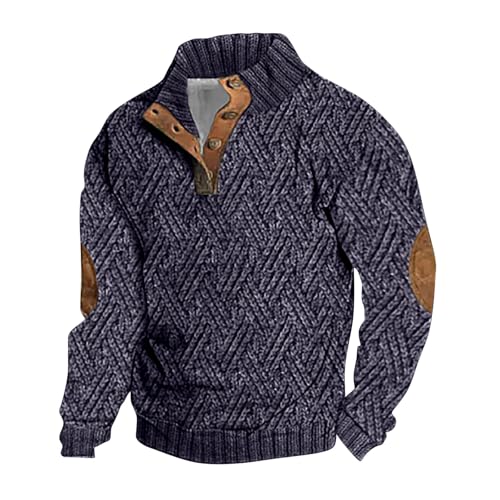 Generisch Sudadera para hombre sin capucha con estampado jersey con botones manga larga cuello alto suéter cálido de invierno a rayas jersey jersey de punto jersey casual de manga larga, marine, L