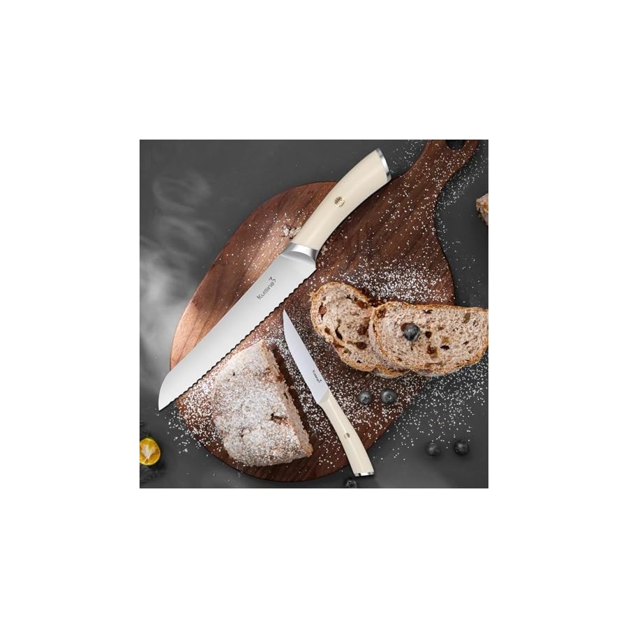 Kuisine Chef Knife Set,High Carbon Stainless Steel Block Knife Set,Knife Block Set with Built-in Sharpener,Sharp Knife Set Forged,Elegant Gift(Ivory,15pcs）