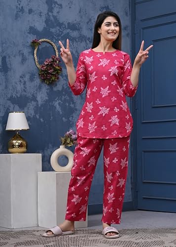 Image of Amazon Brand - Tavasya Women Cotton- Rayon Printed Kurti with Pant Co-Ord Set | Soft Comfortable Straight Fit Ethnic Kurta Set | 3 /4 Sleeves V-Neck Daily, Office & Casual Wear