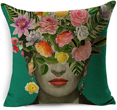 HLPPC Cushion Cover Beautiful Women with Colorful Flowers Pillowcase 17 x 17 Inches Woven Pillow Covers Cotton Linen Home Decor Cushion Cover for Sofa (A2)