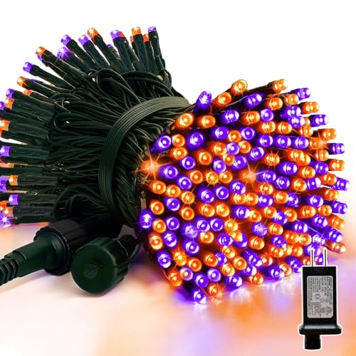 LAMPHOME 33ft Halloween Decorative Mini Lights 100 LED Green Wire Fairy Starry String Lights Plug in 16Lighting Modes for Halloween Decoration Outdoor Party Decoration (Orange and Purple)