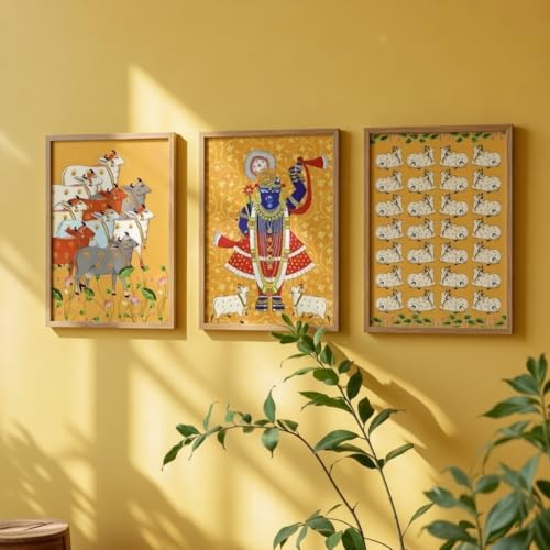 Image of Livin'luxe Set of 3 Krishna Pichwai Wall Art Premium MDF Wooden color Color Framed HD Sparkle Lamination Printed Traditional Indian Religious Painting for Living Room Home Decor