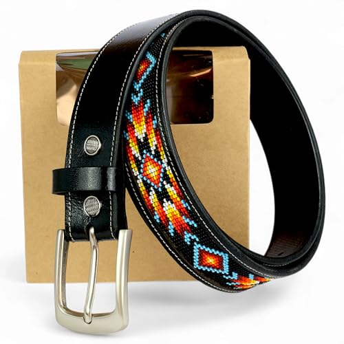 Men's 100% Grain Leather Cowboy Beaded Belt With Classic Simple Buckle.4