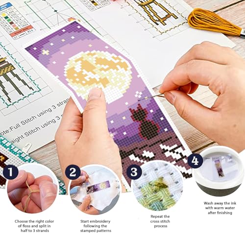 Image of FREEBLOSS 6 Set Cross Stitch Bookmarks Kit Cat in Night Stamped Cross Stitch Kit DIY Embroidery Bookmark Set with Instruction for Adults Beginners Gift for Reading Enthusiasts 8 * 2.4inch 11CT