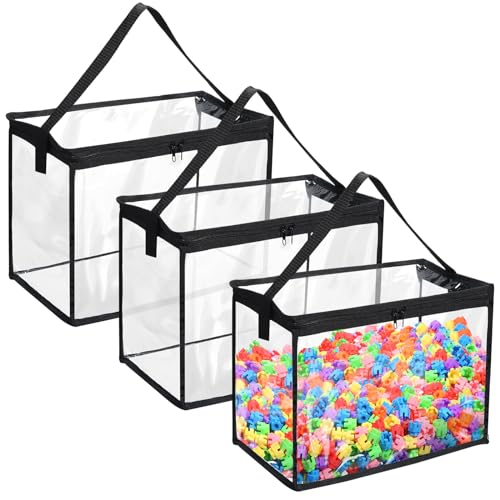 Clysee 3 Pcs Toy Storage Bags with Zipper, Large Clear PVC Organizing Bags, Waterproof Toy Bags for Building Blocks, Board Games and Beach Toys Storage (Black)