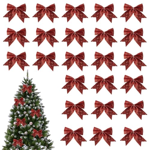 HSHHOOM 24 Piezas Lazos Arbol Navidad, Arcos Navideños, Adornos para Árbol de Navidad, Lazos Navideños Elegantes para Árbol, Puerta, Corona, Decoración de Bodas (Rojo)