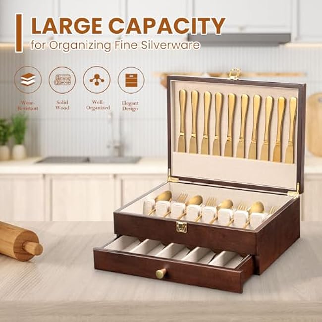 Silverware Storage Box, 2-Layer Flatware Storage Case with Drawer, Wooden Silverware Chest with Linen Liner, Rustic Silverware Case for Storing Fine Flatware and Utensils (Walnut)
