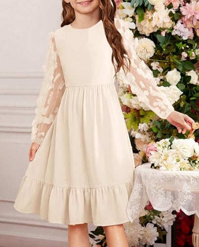 YOVION Girls Fall Dress Mesh Puff Long Sleeve Ruffle Tiered Flowy A-Line Holiday Party Dresses with Pockets for 6-12 Y2