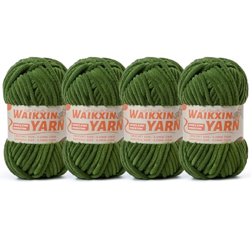 Image of (4 Pine Green) 4 Pack Super Soft Fuzzy Chenille Chunky Yarn for Crocheting, 400g (350yds) Velvet Fluffy Amigurumi Yarn for Hand Knitting Baby Blankets Weaving Craft