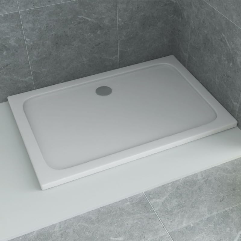 Belvit Plato de ducha de 120 x 90 x 4 cm, plato de ducha plano de acrílico sanitario, 4 cm de alto, acrílico blanco, resistente a los arañazos y a la temperatura, instalación igual al suelo, cuadrado