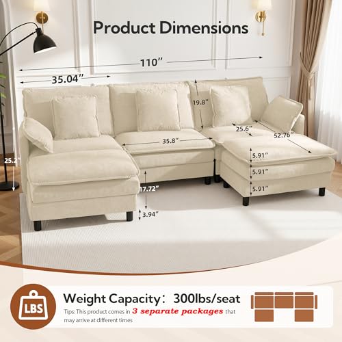Image of Claiks 110 inch Modular Sectional Sofa, Cloud Couch with Ottoman, U-Shaped 5-Seater Sofa in Chenille Fabric, Deep Seat Comfy Couch with Pillows for Living Room & Offices, Beige