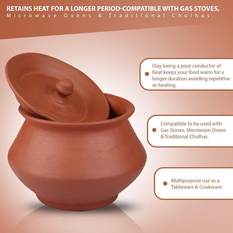 Image of Bhanvi 500ml Earthen Clay Curd Pot Making Curd Chach Lassi Dahi Kadai Handi Mitti Ke Bartan Curd Bowl with Lid with Unglazed Clay Pot Serving Use in Oven Not for Cooking