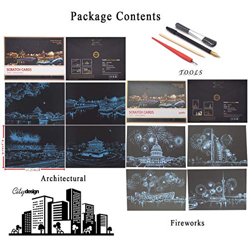 Scratch & Scratchboard Art Paper for Kids & Adults, Rainbow Painting Night View Creative Gift, 8 Sheets A4 Scratch Cards with 4pcs Scratch Drawing Tools