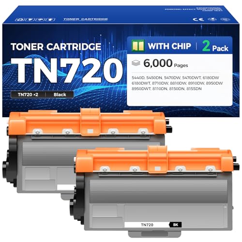 TN720 Toner Cartridge Black 2-Pack Replacement for Brother TN-720 TN750 TN-750 Toner Compatible with HL-5450DN HL-5470DW HL-6180DW MFC-8710DW MFC-8910DW MFC-8950DW DCP-8150DN Laser Printer Ink