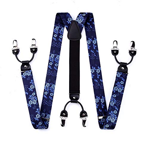 Image of HISDERN Suspenders for Men Paisley Floral Bow tie Suspender Pocket Square Sets Adjustable Y Shape 6 Clips Wedding Braces