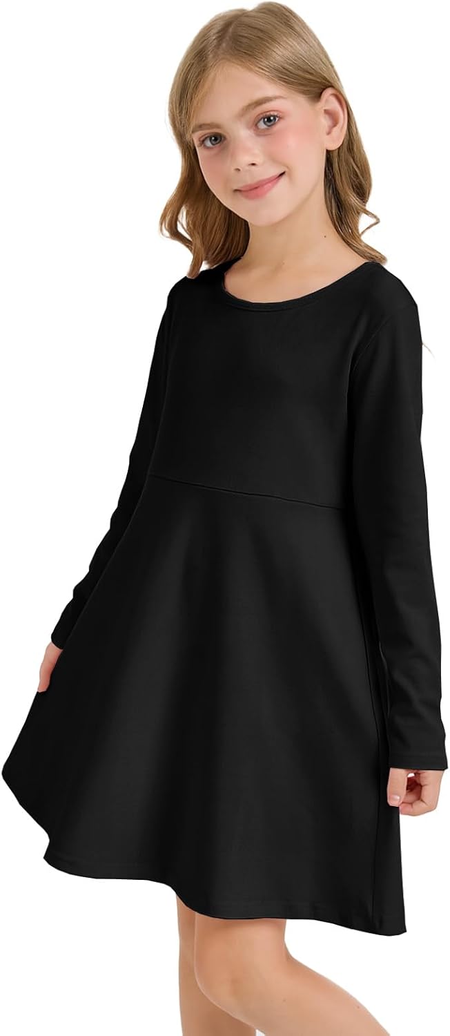 Girls Long Sleeve Skater Dress Kids Fall Crewneck Holiday Party Dresses with Pockets Black - Image 4