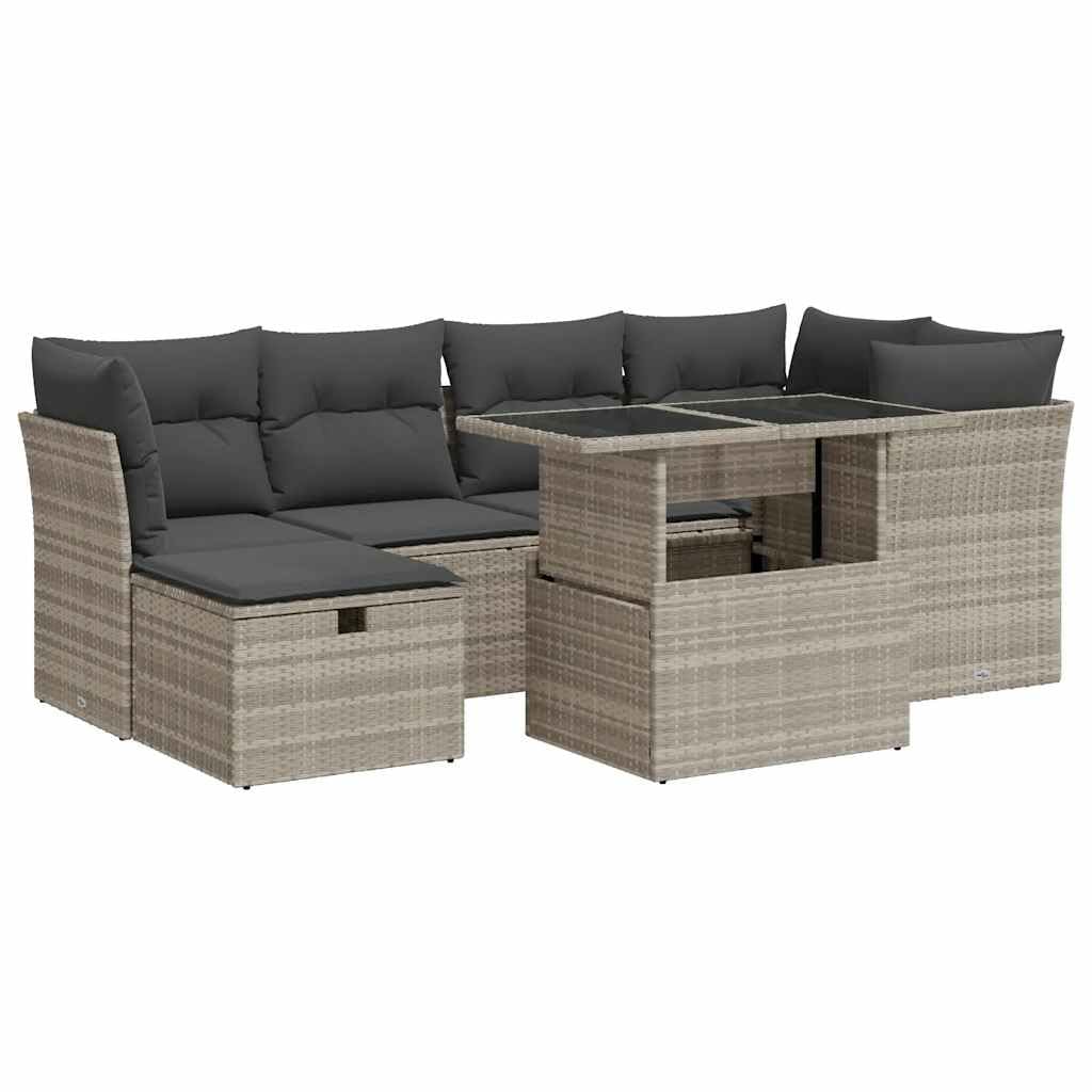 7-TLG Juego de sofá de jardín gris claro, ratán poli, resistente a los rayos UV, diseño modular, con espacio de almacenamiento, bolsas impermeables, fundas extraíbles, para terraza, balcón