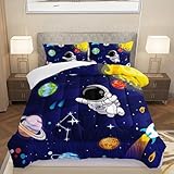 AILONEN Cartoon Astronaut Comforter Set Queen Size, Cute Astronaut with Rockets Bedding Set for Kids Boys,Outer Space Explorer Theme Bed in a Bag Duvet Set,1 Quilt Sheet 2 Pillowcases,3 PCS