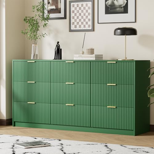 Image of Furniway Green Dresser for Bedroom, Modern Dresser with 9 Drawers and Smooth Slides, Wide Chest of Drawers with Golden Handles for Bedroom, Living Room, Closet, 15.7 inch D x 63 inch W x 31.5 inch H