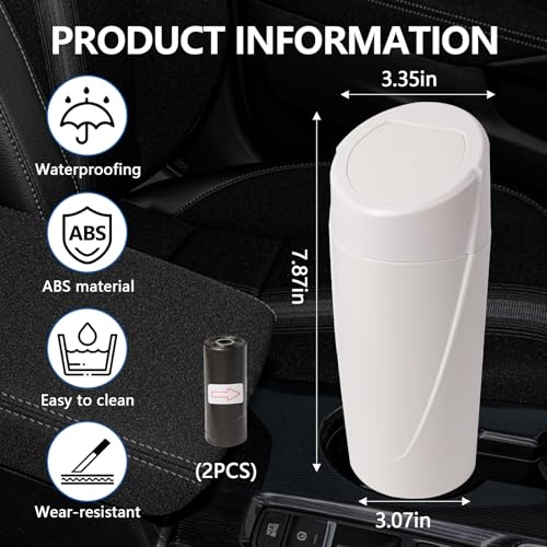 Image of Hovom Mini Car Trash Can with Lid, Portable Garbage Can for Car, Leakproof Cup Holder Automotive Garbage Bin with 2 Rolls of Trash Bags, Small Trash Storage Can for Car Home Office(White)