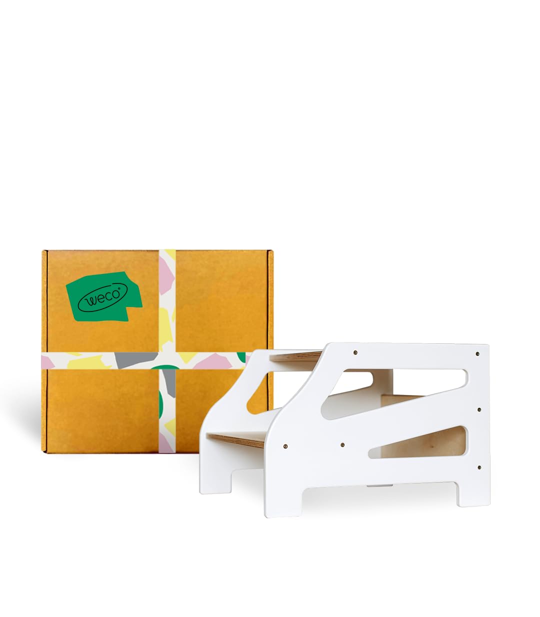Weco Tritthocker mit 2 Stufen Streifendesign Holzhocker für Kinder Kindertreppchen Schemel Kindermöbel für Bad Küche Kinderzimmer ab 2 Jahre Toilettenhocker Hocker Holz Kinderzimmer Möbel (Weiß)