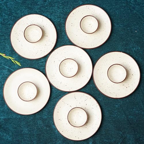 Image of Freakway Handcrafted Ceramic Stoneware Dinner Set of 12 Pieces with Serving Bowls | 6 Dinner Plates & 6 Bowl /katori | Bone Ash Free | Microwave and Dishwasher Safe - Off White