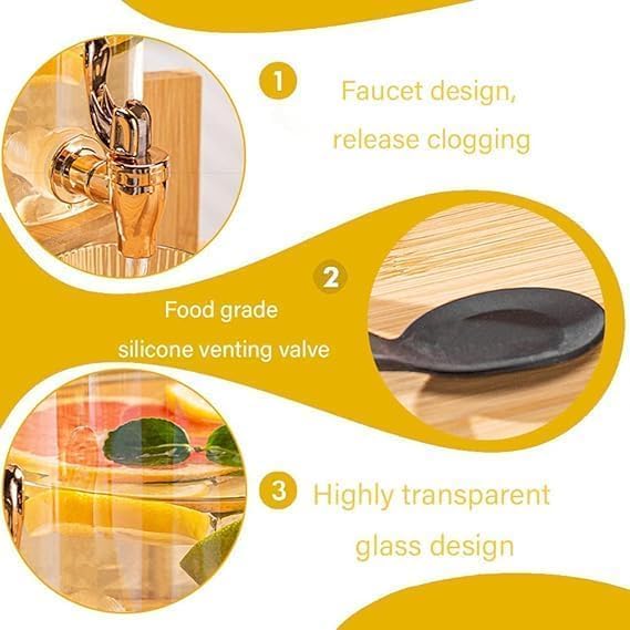 LEOMORD Glass Beverage Dispenser with Bamboo Stand and Spigot, 2.5L Capacity, Wide Mouth Design, for Iced Water, Juice, Lemonade 3