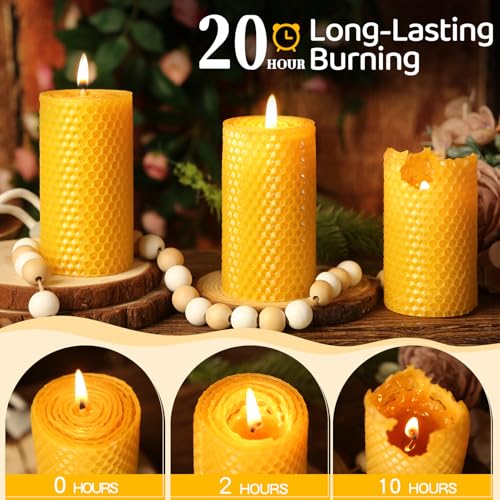 Image of Beeswax Pillar Candles,Non-Toxic Honeycomb Bees Wax Candle for Home,Yellow | 2x4 inch,3 Pack,60 H long clean Burning,100% Pure,natural unscented,smokeless,candle for home,emergency,prayer,dinner