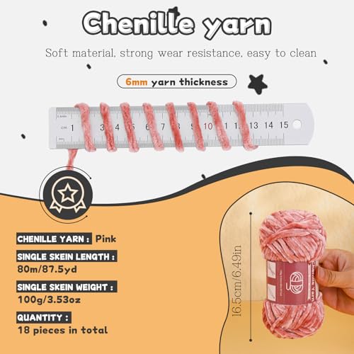 Image of LUNARM Chenille Yarn for Crochet Knitting Chunky Blanket Velvet Yarn | 18 Pack 100g /3.5oz Thick Soft Chenille Yarn for Beginners Knitting Fluffy Weaving Plush Scarves with Big Eye Needles