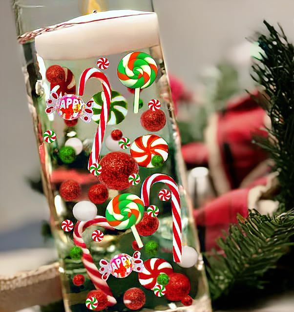 50 Floating Christmas Red and Green Candy Canes Peppermints Lollipops Pearls Vase Decorations-Large Sizes-Fills 4 Medium Size Vases (Not Included)-with Measured Floating Gels Kit