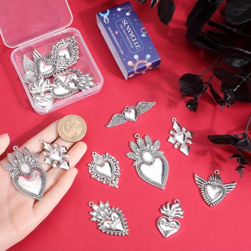 SUNNYCLUE 1 BOX 18Pcs 9 Stlyes Sacred Heart Charms Gothic Charms Bulk Horror Wing Alloy Ancient Silver Tibetan Style Vintage Arrow Roll Plating Charms for jewellery Making Charms Necklace Bracelet Adu - Image 3
