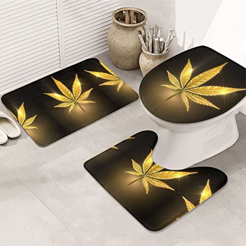 Golden Cannabis Print Rug Mats Pads Badvorleger Badezimmerteppich Set 3 Stück + Konturteppich + Toilettendeckelbezug