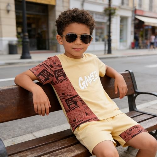Image of OLMRJKD Boys 2 Piece Outfits Short Sleeve Colorblock T-shirt and Shorts Summer Casual Clothes for 6-12 Years