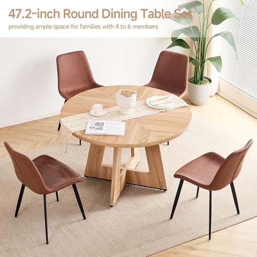 Image of 47 inch Round Dining Table Set for 4, Kitchen Table and Chairs | Wooden Cross Base, Synthetic Leather Chair, for Apartment