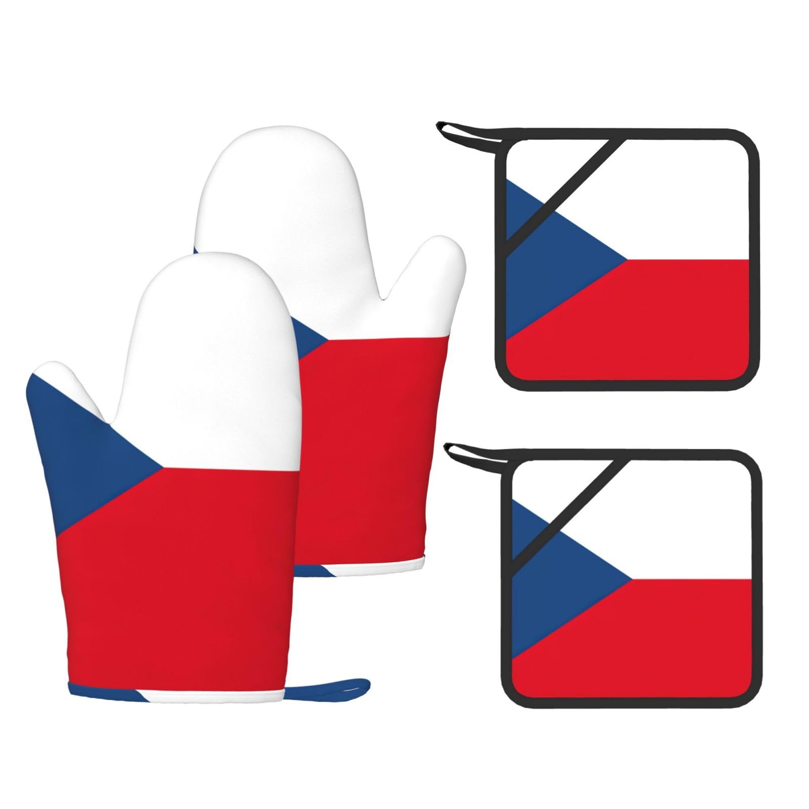 Flag of the Czech Republic Printed Kitchen Oven Gloves and Potholder 4 Pcs, Non-Slip Heat Resistant Mitts for Baking Chef