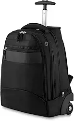 Mochila Executiva com Rodinhas em Poliéster 1680D Compartimento para Notebook, Haste em Alumínio, Detalhe em Couro Sintético, Ideal para Trabalho e Viagem