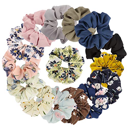 Jaciya 15 Colors Women's Chiffon Flower Hair Scrunchies Hair Bow Chiffon Ponytail Holder, including 10 Colors Chiffon Flower Hair Scrunchie and 5 Solid Colors Chiffon Hair Ties Scrunchy