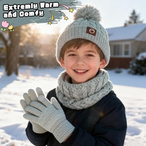 Image of ZOORON Kids Winter Hat Gloves Scarf Set, Girls Boys Hats Beanie with Pom | Children Knit Neck Warmer Mittens Fleece Lined Set Ages for 3-15, Kids Birthdays and Christmas Gifts