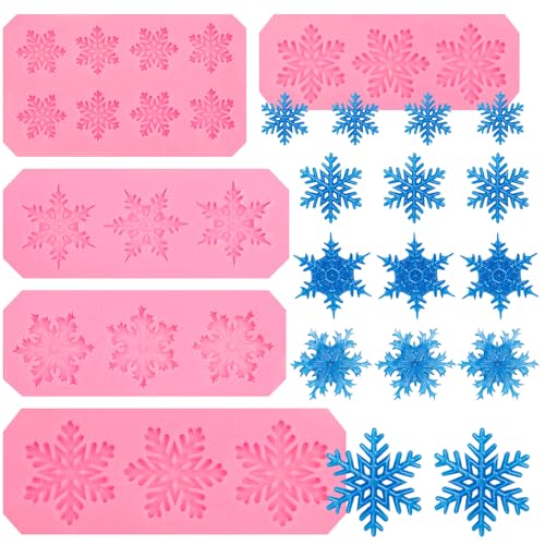 5 Pcs Christmas Snowflake Silicone Molds 3D Snowflake Cake Silicone Fondant Molds for Winter Frozen Party Cake Decoration Sugar Cupcake Chocolate Candy Gum Paste Polymer Clay Epoxy Resin