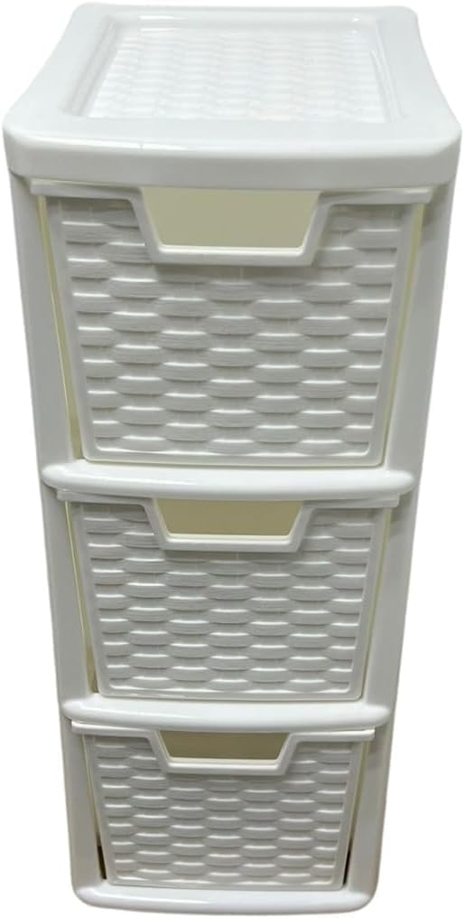 KYY'Z Rattan Effect 3 Drawer Plastic Storage Organizer- Multipurpose Storage Drawer Unit Home Kitchen Office School Garage Bedroom Bathroom Stationery Toys 25Dx19Wx 48Hcm (White, 3 Tier)