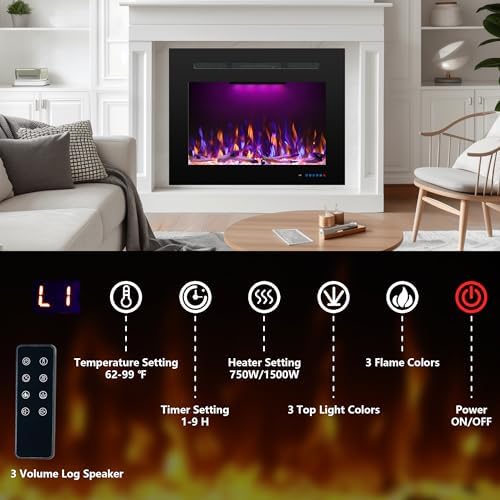 Electric Fireplace Inserts with 3 Flame & Top Light, Recessed Fireplace Heater, Thermostat, 750/1500W, Crackling Sound, Logs & Crystals, Timer, 32.2" W x 26" H Rear, No Wall Mount - Thumbnail 2