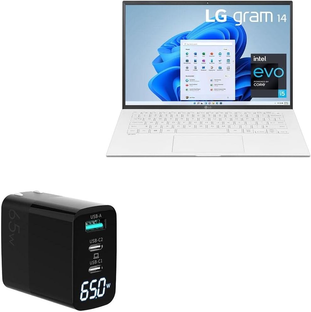 BoxWave Charger Compatible with LG Gram 14 (14Z90P) - PowerDisplay PD Wall Charger (65W), GaN 65W Powerful Folding Plug LCD Display - Jet Black