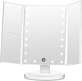 FASCINATE Trifold Vanity Mirror with Lights, Lighted Makeup Mirror 2X/3X Magnification, 21 LED Touch Dimming, Dual Power 90° Rotation Lit Beauty Table Mirror, Make up Mirror with Lighting (White)
