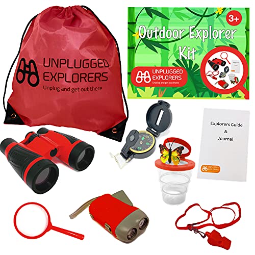 9 Piece Kids Outdoor Explorer Kit-- Backpack, Binoculars, Flashlight, Compass, Bug Collector, Whistle, Magnifying Glass, and Journal. Boy/Girl STEM…