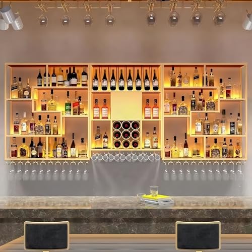 HFTUW 118 Inch Wall-Mounted Wine Rack & Liquor Shelf with LED Lighting - Bar Shelves for Liquor Bottles, Floating Storage with Wine Glass Holder for Kitchen, Dining Room, or Bar Decor, Gold