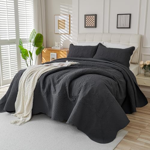 Image of EVENHUG Oversized King Bedspreads California King Quilt Set with Pillow Shams Extra Wide Large King Size Quilts Lightweight Coverlet Bedding Sets Dark Grey 120 inchx128 inch