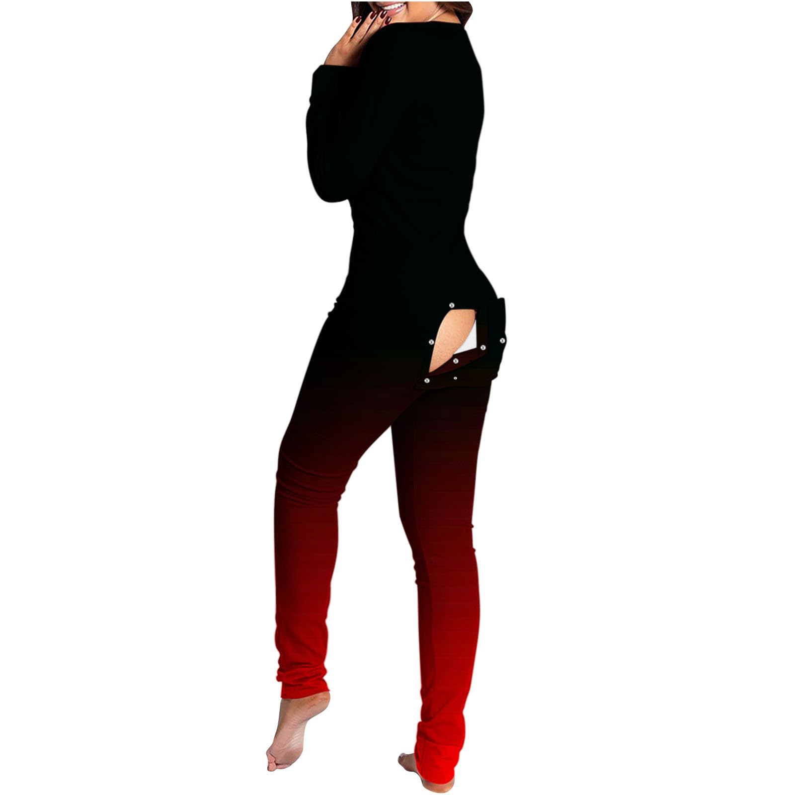 Women's Onesie Sexy Butt Button Back Flap Jumpsuit One Piece V Neck Long Sleeve Bodycon Romper Pajamas Playsuit