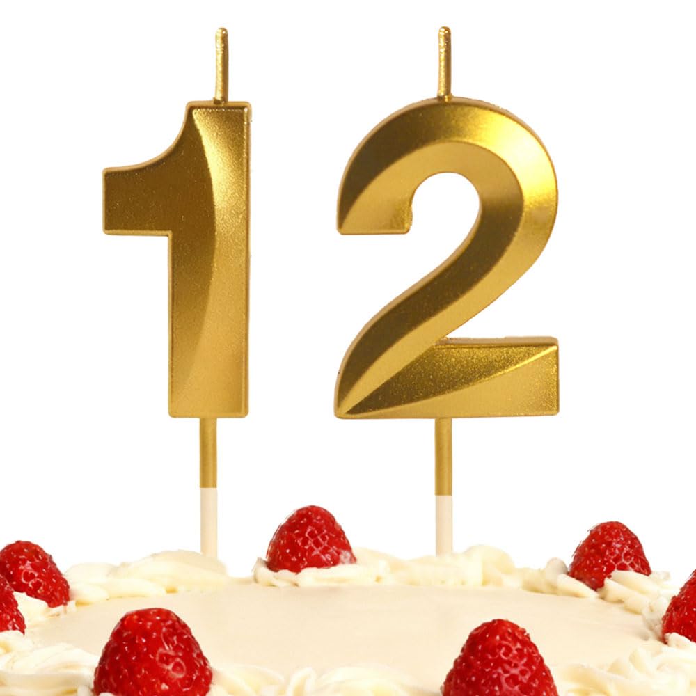 Xueliyun Gold 12Th Birthday Candles Number 12 Happy Birthday Candles Cake Topper Decorations For Children Birthday Party For 3D Designed Wedding Anniversary Party Wedding Anniversary Celebration Supply